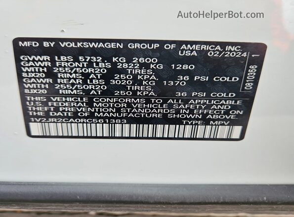 1V2JR2CA0RC561383 2024 VOLKSWAGEN ATLAS White Widok wnętrza 360 stopni
