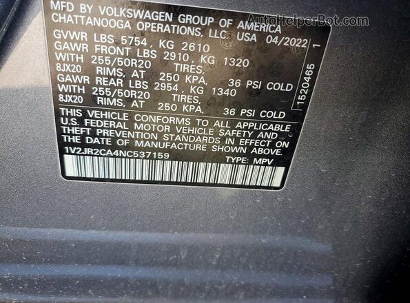 1V2JR2CA4NC537159 2022 VOLKSWAGEN ATLAS Gray Vista de la etiqueta del VIN