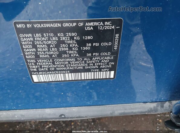1V2JR2CA4SC520924 2025 VOLKSWAGEN ATLAS Blue ძრავის განყოფილების ხედი