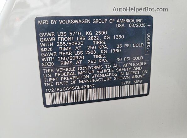1V2JR2CA4SC542647 2025 VOLKSWAGEN ATLAS Белый 
