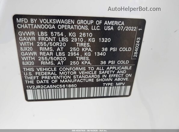 1V2JR2CA5NC561860 2022 VOLKSWAGEN ATLAS White ძრავის განყოფილების ხედი