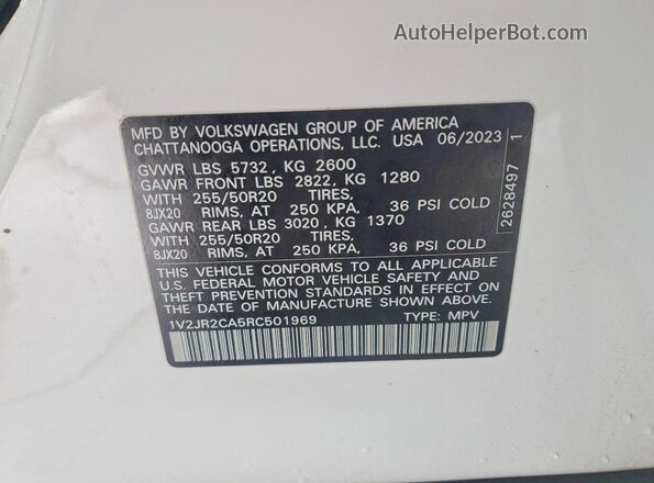 1V2JR2CA5RC501969 2024 VOLKSWAGEN ATLAS White VIN կոդի պիտակի տեսք