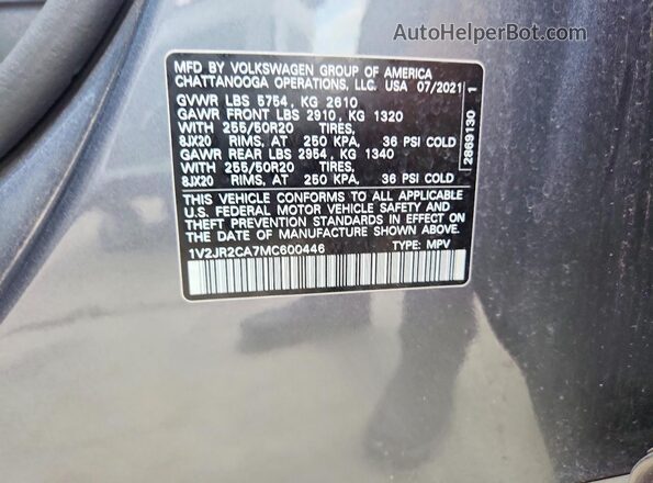 1V2JR2CA7MC600446 2021 VOLKSWAGEN ATLAS Silver VIN կոդի պիտակի տեսք