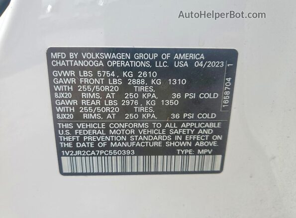 1V2JR2CA7PC550393 2023 VOLKSWAGEN ATLAS Белый Вид наклейки с VIN-кодом