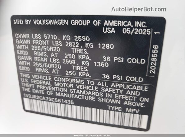 1V2JR2CA7SC561435 2025 VOLKSWAGEN ATLAS White ძრავის განყოფილების ხედი