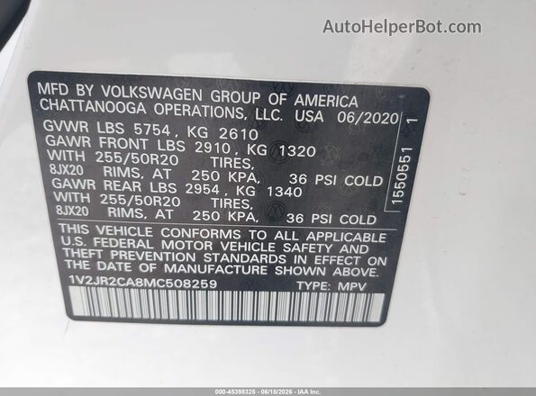 1V2JR2CA8MC508259 2021 VOLKSWAGEN ATLAS White Engine compartment view