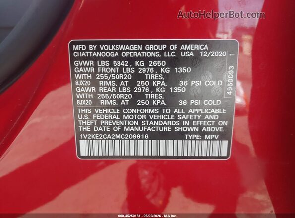 1V2KE2CA2MC209916 2021 VOLKSWAGEN ATLAS Red Շարժիչի բաժամունքի տեսք