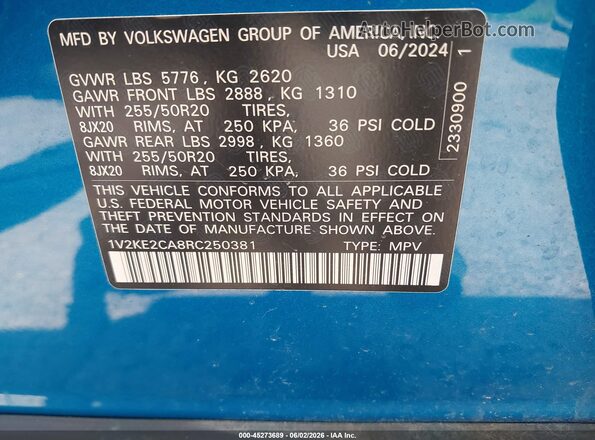 1V2KE2CA8RC250381 2024 VOLKSWAGEN ATLAS Blue Widok komory silnika