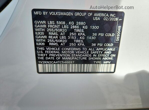 1V2KN2CA4TC546697 2026 VOLKSWAGEN ATLAS White Вид наклейки з VIN-кодом