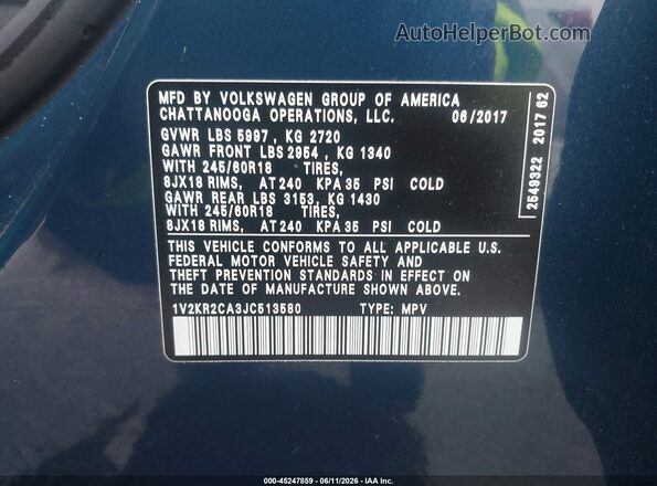 1V2KR2CA3JC513580 2018 VOLKSWAGEN ATLAS Blue Vista del compartimento del motor