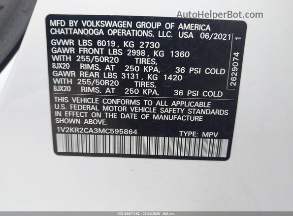 1V2KR2CA3MC595864 2021 VOLKSWAGEN ATLAS White Вид підкапотного простору