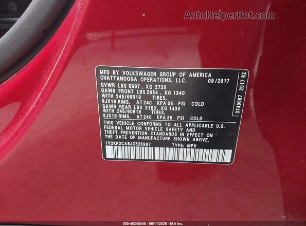 1V2KR2CA8JC525997 2018 VOLKSWAGEN ATLAS Красный Вид подкапотного пространства