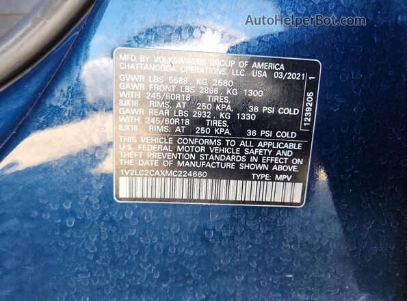 1V2LC2CAXMC224660 2021 VOLKSWAGEN ATLAS Blue Սալոնի 360 աստիճան տեսք