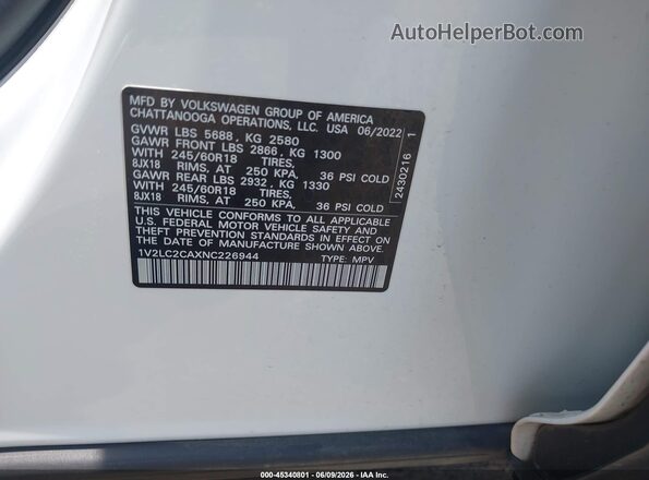 1V2LC2CAXNC226944 2022 VOLKSWAGEN ATLAS White Շարժիչի բաժամունքի տեսք