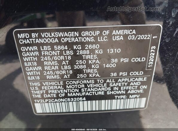 1V2LP2CA0NC532054 2022 VOLKSWAGEN ATLAS Black Շարժիչի բաժամունքի տեսք