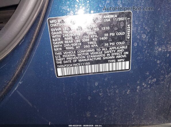 1V2LP2CA1NC511150 2022 VOLKSWAGEN ATLAS Blue Widok komory silnika