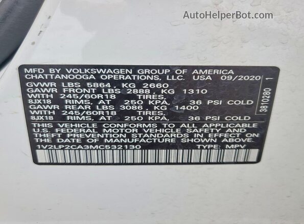 1V2LP2CA3MC532130 2021 VOLKSWAGEN ATLAS White VIN კოდის სტიკერის ხედი