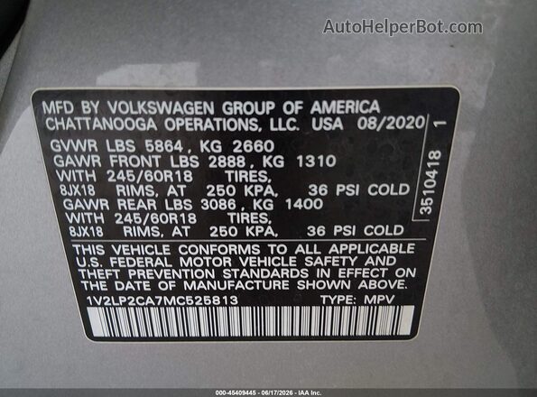 1V2LP2CA7MC525813 2021 VOLKSWAGEN ATLAS Silver Engine compartment view