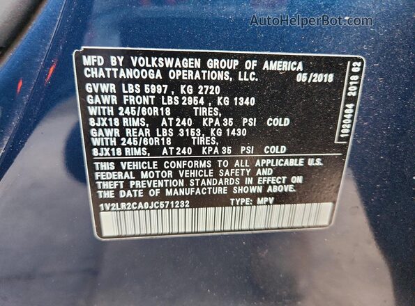 1V2LR2CA0JC571232 2018 VOLKSWAGEN ATLAS Синий 