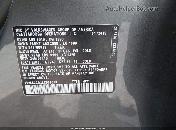 1V2LR2CA2KC532658 2019 VOLKSWAGEN ATLAS Gray ძრავის განყოფილების ხედი