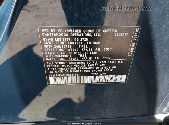 1V2LR2CA3JC542713 2018 VOLKSWAGEN ATLAS Blue Engine compartment view