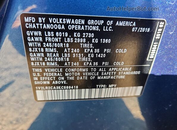 1V2LR2CA3KC589418 2019 VOLKSWAGEN ATLAS Blue VIN կոդի պիտակի տեսք