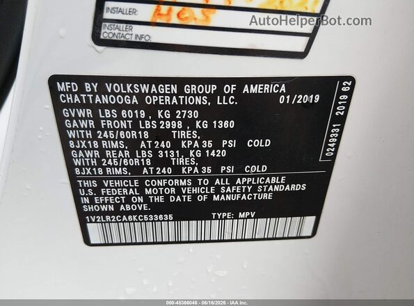 1V2LR2CA6KC533635 2019 VOLKSWAGEN ATLAS Белый Вид подкапотного пространства