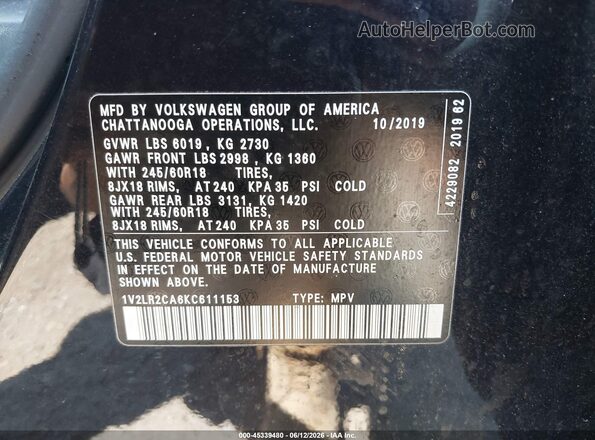 1V2LR2CA6KC611153 2019 VOLKSWAGEN ATLAS Черный Вид подкапотного пространства