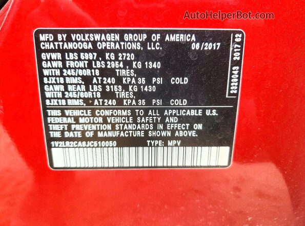 1V2LR2CA8JC510050 2018 VOLKSWAGEN ATLAS Red 