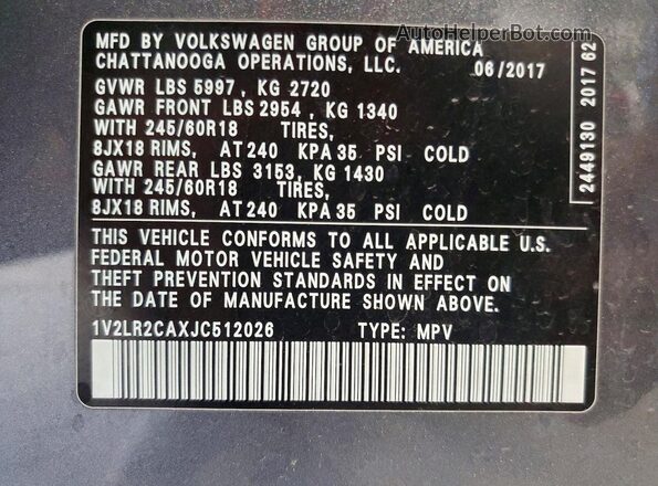 1V2LR2CAXJC512026 2018 VOLKSWAGEN ATLAS Gray Vista de la etiqueta del VIN