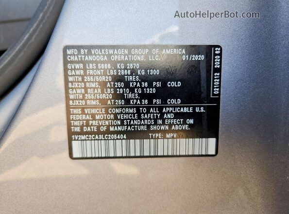 1V2MC2CA3LC205404 2020 VOLKSWAGEN ATLAS Серебряный Вид наклейки с VIN-кодом
