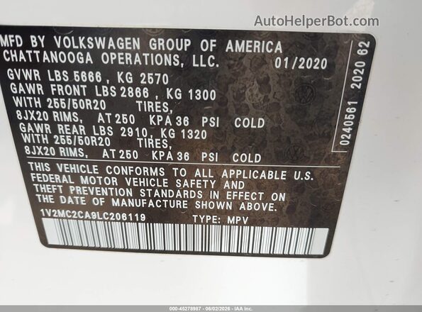 1V2MC2CA9LC206119 2020 VOLKSWAGEN ATLAS White Vista del compartimento del motor