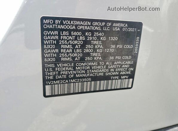 1V2ME2CA1MC233505 2021 VOLKSWAGEN ATLAS White Widok naklejki z numerem VIN