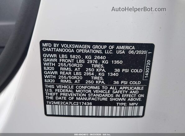 1V2ME2CA7LC217436 2020 VOLKSWAGEN ATLAS White Widok komory silnika