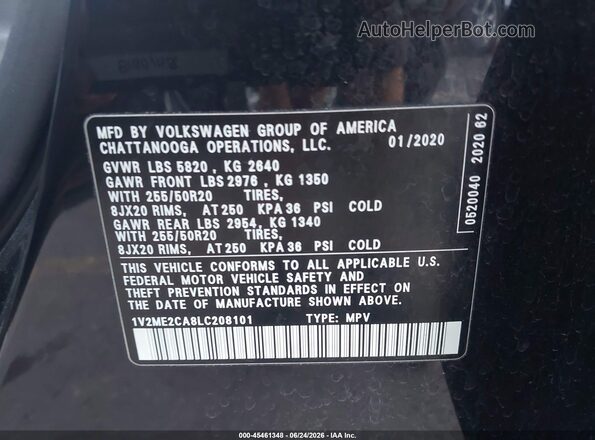 1V2ME2CA8LC208101 2020 VOLKSWAGEN ATLAS Black ძრავის განყოფილების ხედი