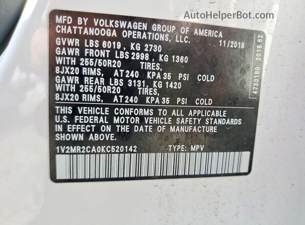 1V2MR2CA0KC520142 2019 VOLKSWAGEN ATLAS White Widok komory silnika