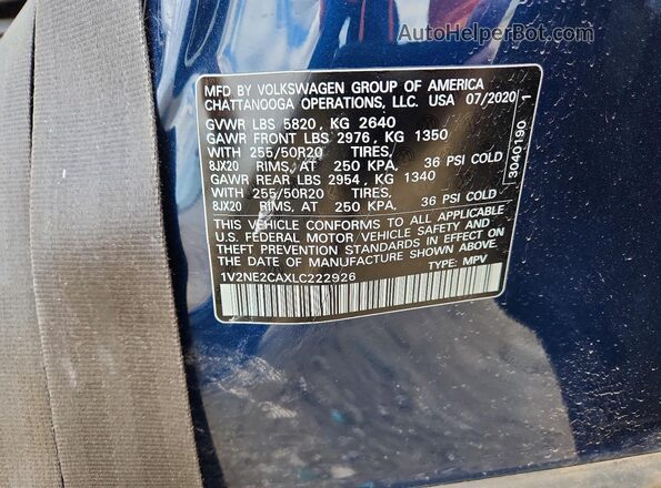 1V2NE2CAXLC222926 2020 VOLKSWAGEN ATLAS Blue Widok wnętrza 360 stopni