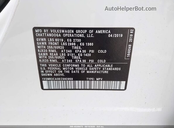 1V2NR2CA0KC562959 2019 VOLKSWAGEN ATLAS White Vista del compartimento del motor