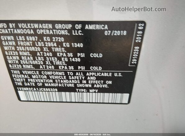 1V2NR2CA1JC585326 2018 VOLKSWAGEN ATLAS Silver Շարժիչի բաժամունքի տեսք
