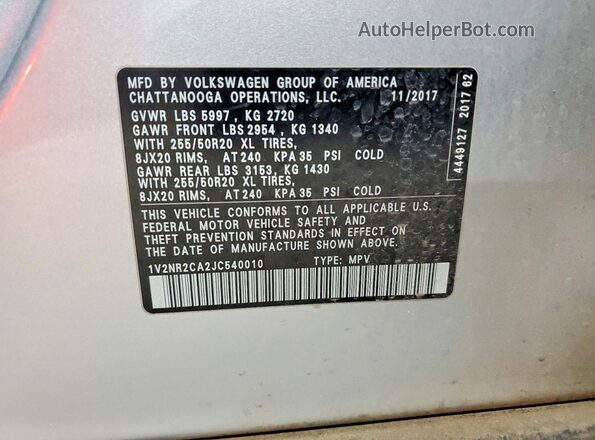 1V2NR2CA2JC540010 2018 VOLKSWAGEN ATLAS Silver 