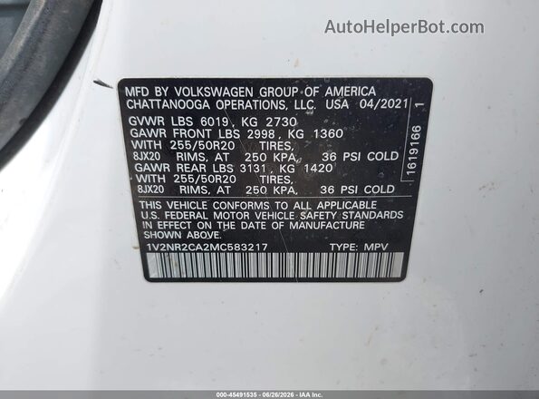 1V2NR2CA2MC583217 2021 VOLKSWAGEN ATLAS White Engine compartment view