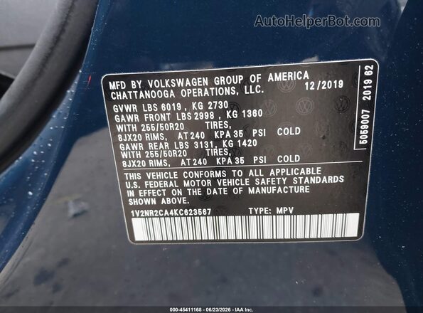 1V2NR2CA4KC623567 2019 VOLKSWAGEN ATLAS Blue Вид підкапотного простору