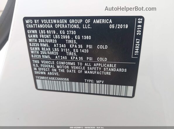 1V2NR2CA5KC569356 2019 VOLKSWAGEN ATLAS White Вид підкапотного простору