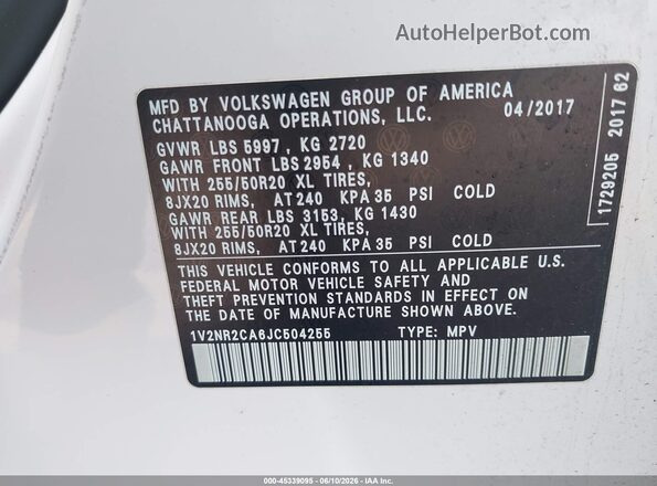 1V2NR2CA6JC504255 2018 VOLKSWAGEN ATLAS White 