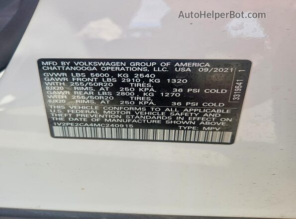 1V2PE2CA4MC240915 2021 VOLKSWAGEN ATLAS White Вид наклейки з VIN-кодом