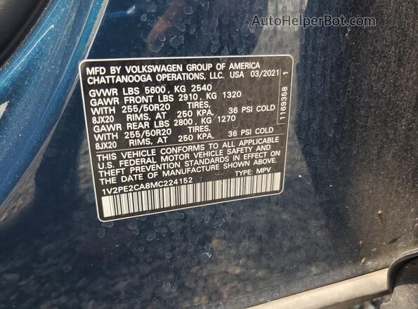 1V2PE2CA8MC224152 2021 VOLKSWAGEN ATLAS Blue Вид наклейки з VIN-кодом