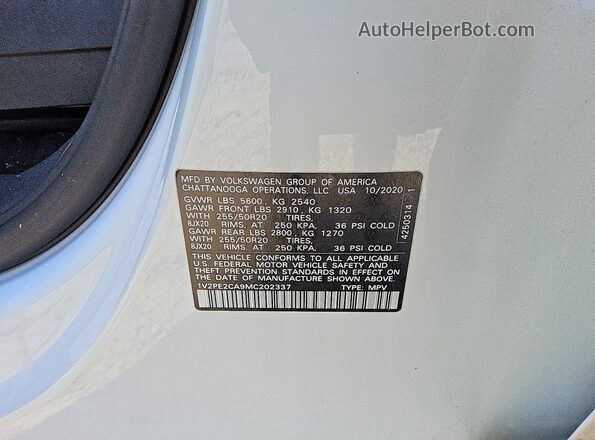 1V2PE2CA9MC202337 2021 VOLKSWAGEN ATLAS Белый Вид наклейки с VIN-кодом