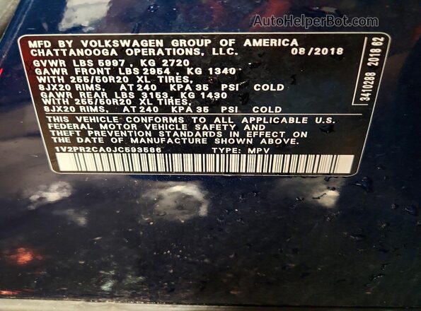 1V2PR2CA0JC593586 2018 VOLKSWAGEN ATLAS Blue 