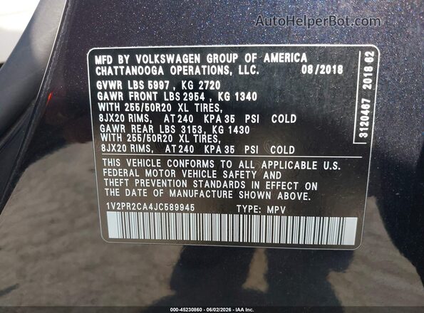 1V2PR2CA4JC589945 2018 VOLKSWAGEN ATLAS Black Շարժիչի բաժամունքի տեսք