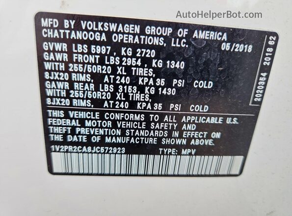 1V2PR2CA8JC572923 2018 VOLKSWAGEN ATLAS White 